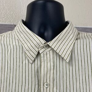 Tommy Bahama Men's Silk Shirt Beige with Green Stripes and Palm Prints Size 2XL